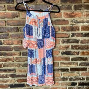 Faded Glory Tiered Keyhole Tassel Tie Patchwork Print Mini Dress Size Small